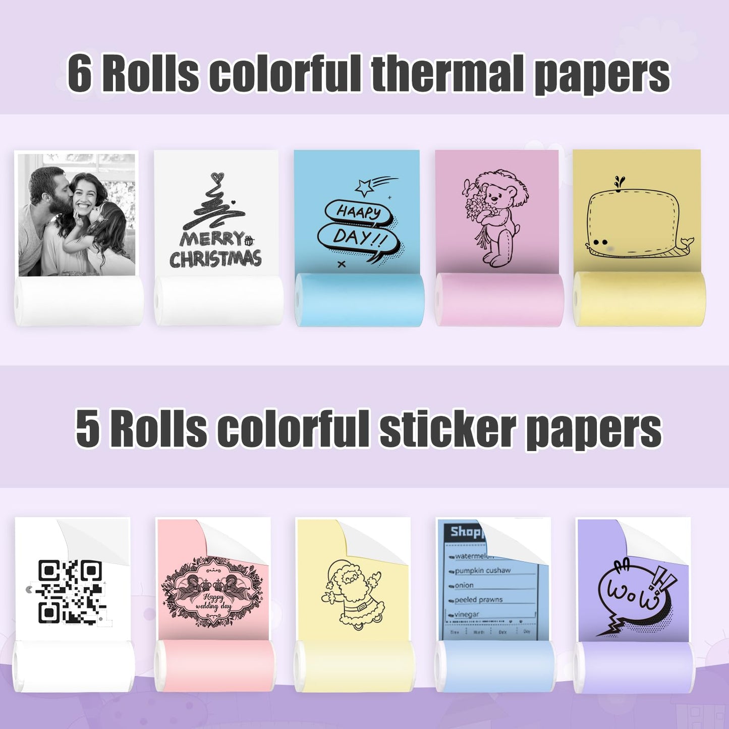 Zeacool Mini Sticker Printer,Mini Pocket Thermal Printer with 11 Rolls Paper,Bluetooth Inkless Printer Compatible with Android & iOS,Portable Receipt Printer for Photo,Journal,Memo,Travel,Purple