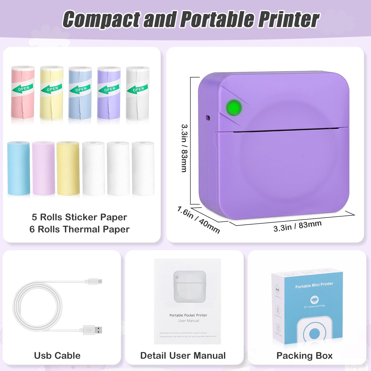 Zeacool Mini Sticker Printer,Mini Pocket Thermal Printer with 11 Rolls Paper,Bluetooth Inkless Printer Compatible with Android & iOS,Portable Receipt Printer for Photo,Journal,Memo,Travel,Purple